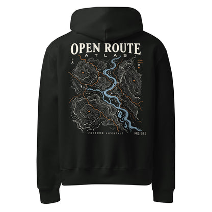 Open Route Atlas Oversized Graphic Hoodie in vintage black, back view showing the topographic map print