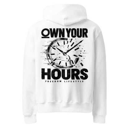 Own Your Hours Oversized Graphic Hoodie in white, back view showing the broken clock graphic