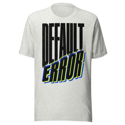 Default Error graphic tee in athletic heather with DEFAULT in tall black type and ERROR breaking away on a diagonal in lime green and blue