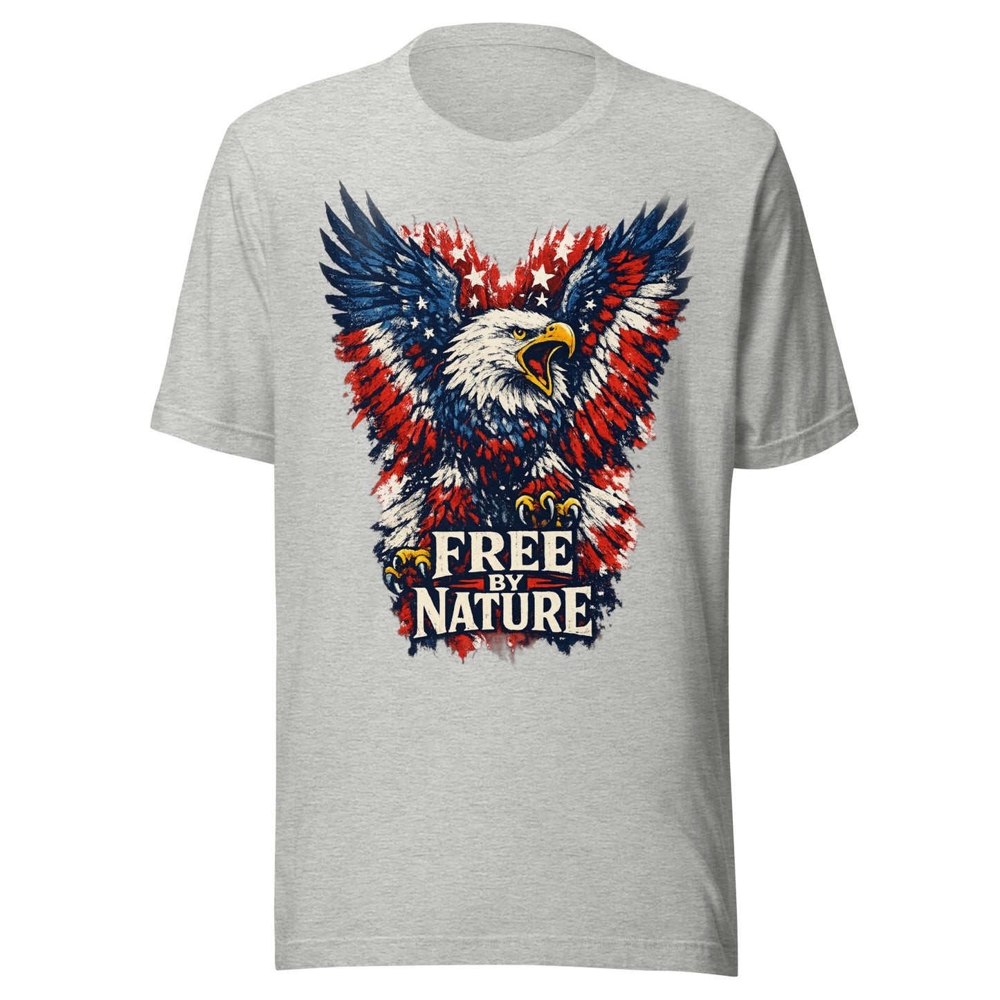 Free By Nature graphic tee, a red, white, and blue American bald eagle with wings spread and stars in the feathers over a distressed FREE BY NATURE banner, printed large on the front, No 925 made to order 4th of July tee