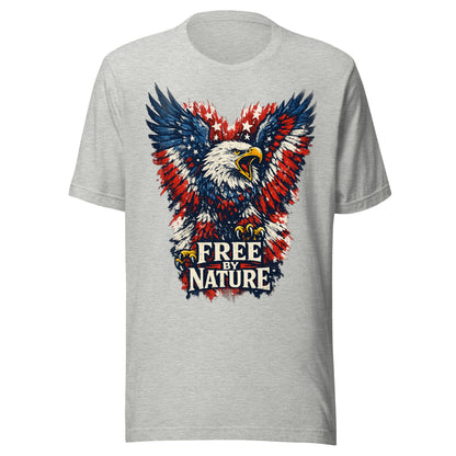 Free By Nature graphic tee, a red, white, and blue American bald eagle with wings spread and stars in the feathers over a distressed FREE BY NATURE banner, printed large on the front, No 925 made to order 4th of July tee