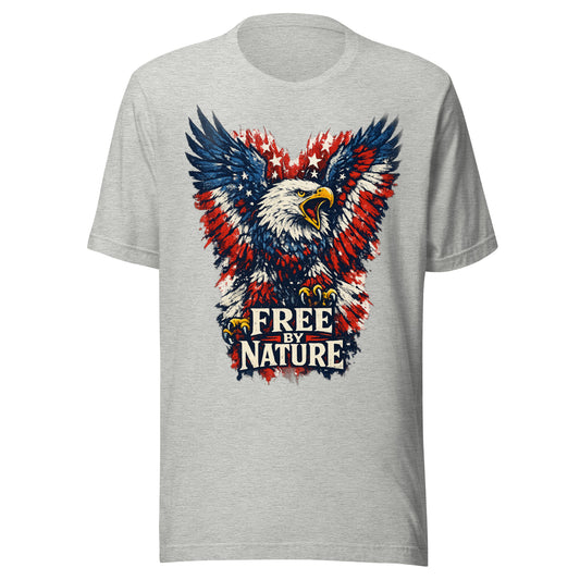 Free By Nature graphic tee, a red, white, and blue American bald eagle with wings spread and stars in the feathers over a distressed FREE BY NATURE banner, printed large on the front, No 925 made to order 4th of July tee