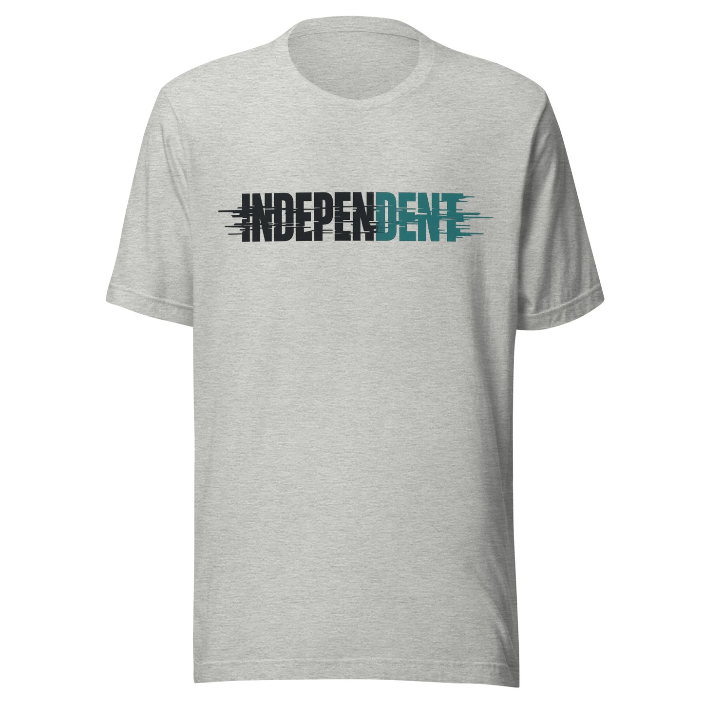 Independent graphic tee, the word INDEPENDENT in a bold condensed font with a horizontal motion-blur effect, charcoal letters with a teal accent and trailing speed lines, printed across the chest, No 925 made to order tee