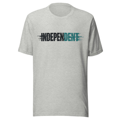 Independent graphic tee, the word INDEPENDENT in a bold condensed font with a horizontal motion-blur effect, charcoal letters with a teal accent and trailing speed lines, printed across the chest, No 925 made to order tee