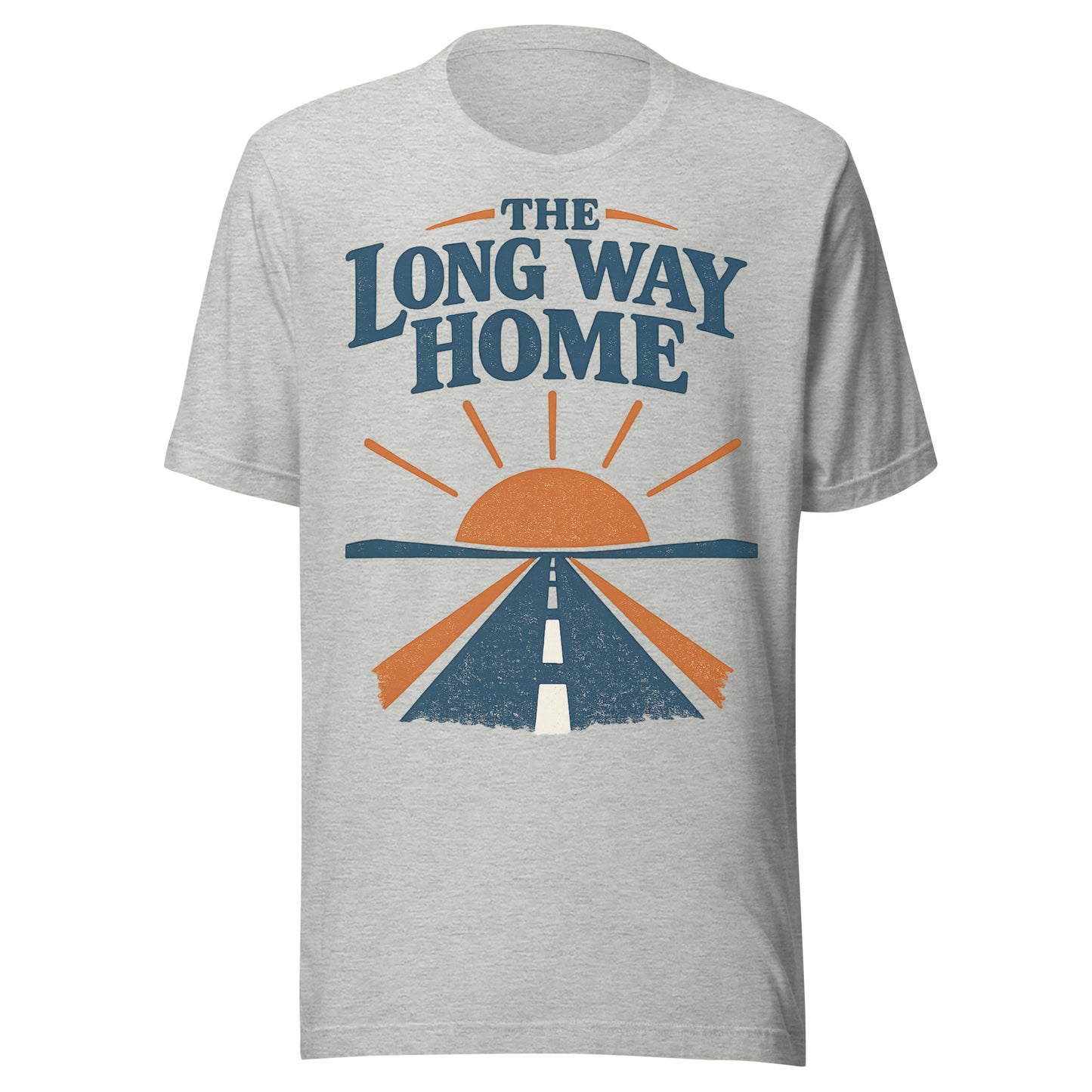 The Long Way Home retro open-road graphic tee in athletic, navy and burnt orange sunrise and highway design from No 925