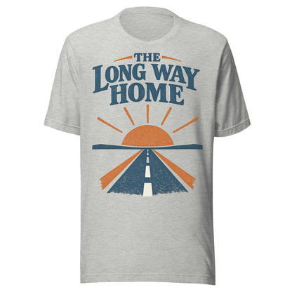 The Long Way Home retro open-road graphic tee in athletic, navy and burnt orange sunrise and highway design from No 925