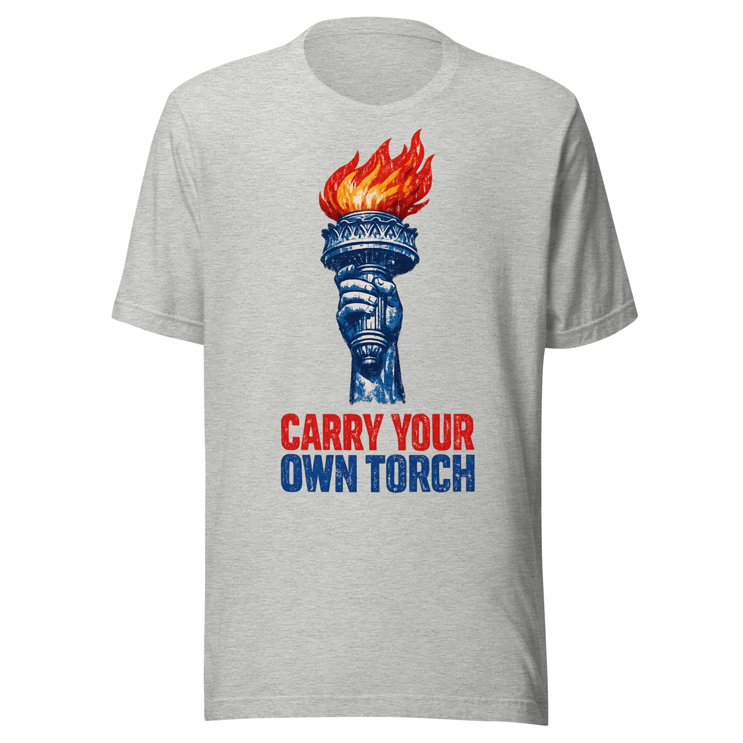 Carry Your Own Torch patriotic graphic tee in athletic, Statue of Liberty torch with red flame and navy slogan from No 925