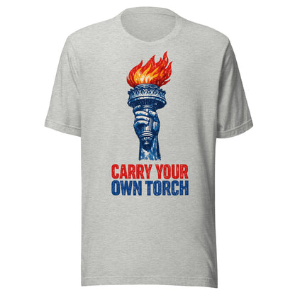 Carry Your Own Torch patriotic graphic tee in athletic, Statue of Liberty torch with red flame and navy slogan from No 925