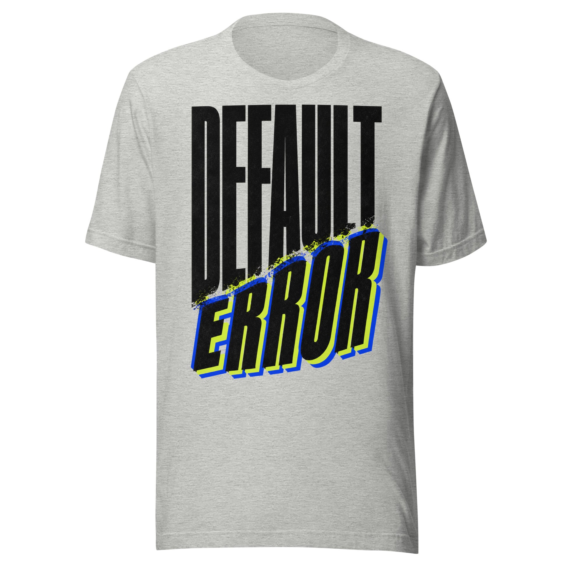 Default Error graphic tee in athletic heather with DEFAULT in tall black type and ERROR breaking away on a diagonal in lime green and blue