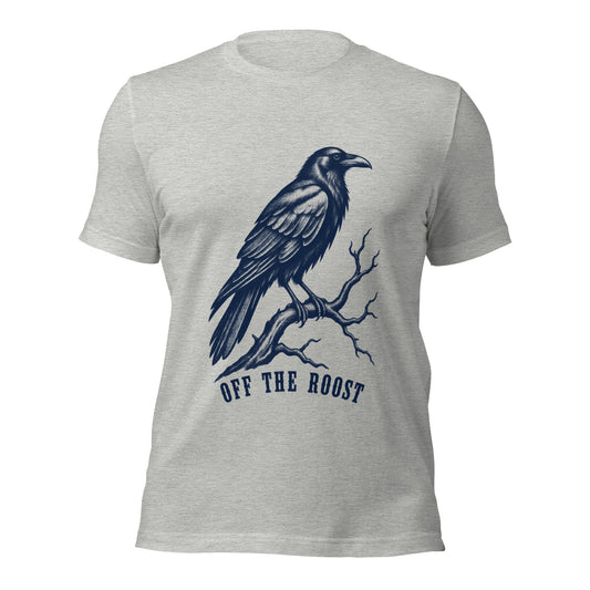 Off the roost unisex t-shirt in athletic heather with a raven perched on a branch chest print