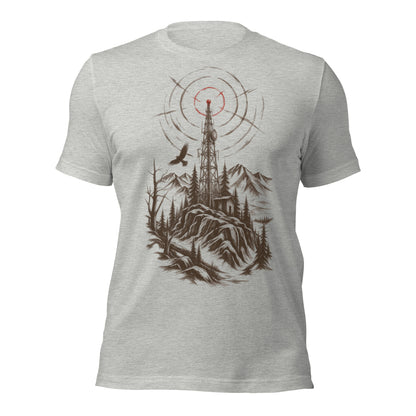 Athletic heather grey dead signal unisex t-shirt with sepia radio tower and mountain graphic on the front chest