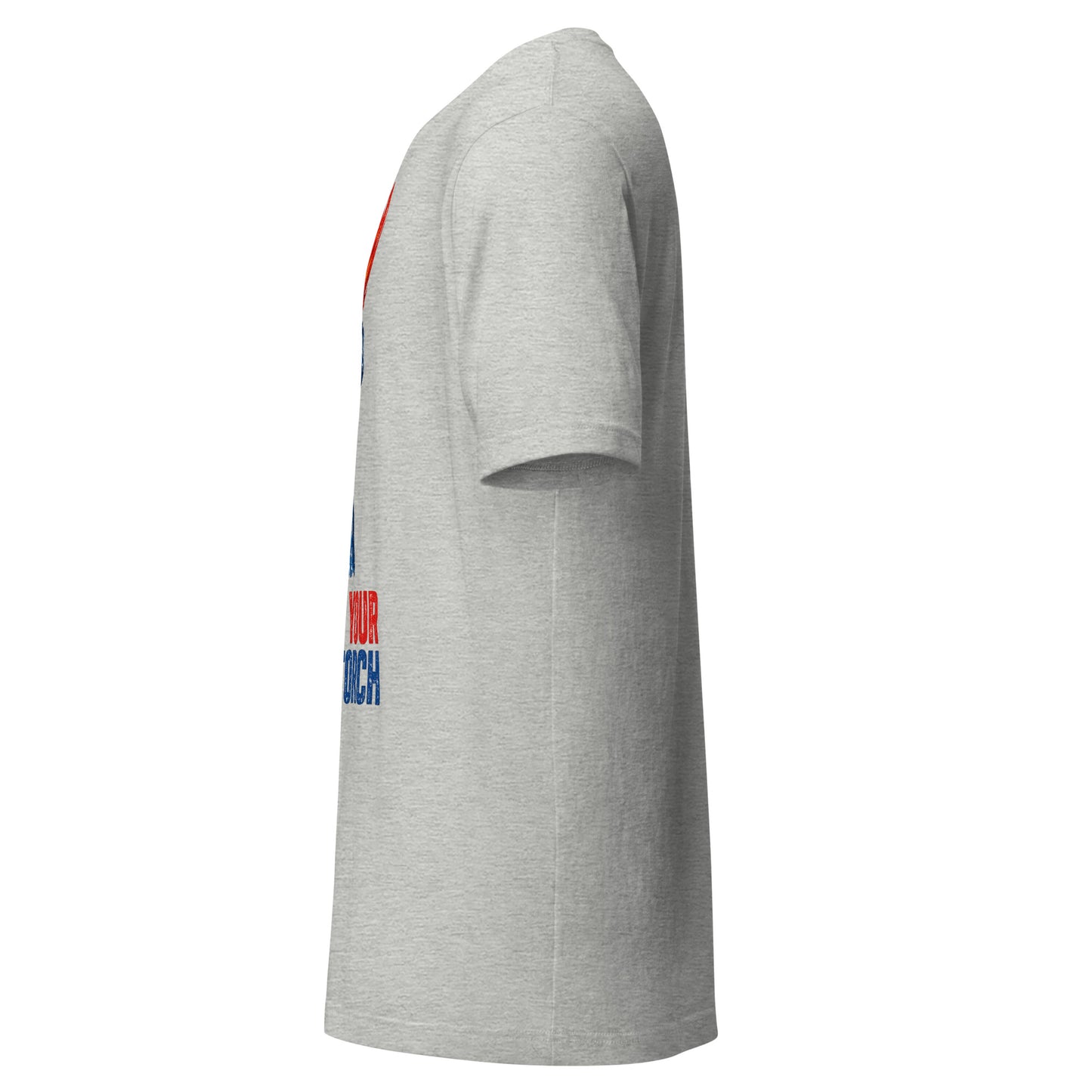 Carry Your Own Torch patriotic graphic tee in athletic, Statue of Liberty torch with red flame and navy slogan from No 925
