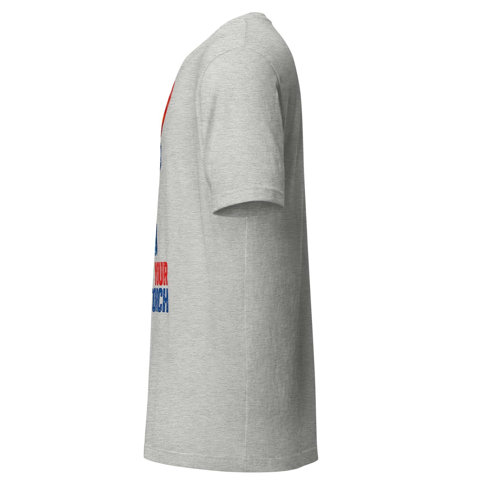 Carry Your Own Torch patriotic graphic tee in athletic, Statue of Liberty torch with red flame and navy slogan from No 925