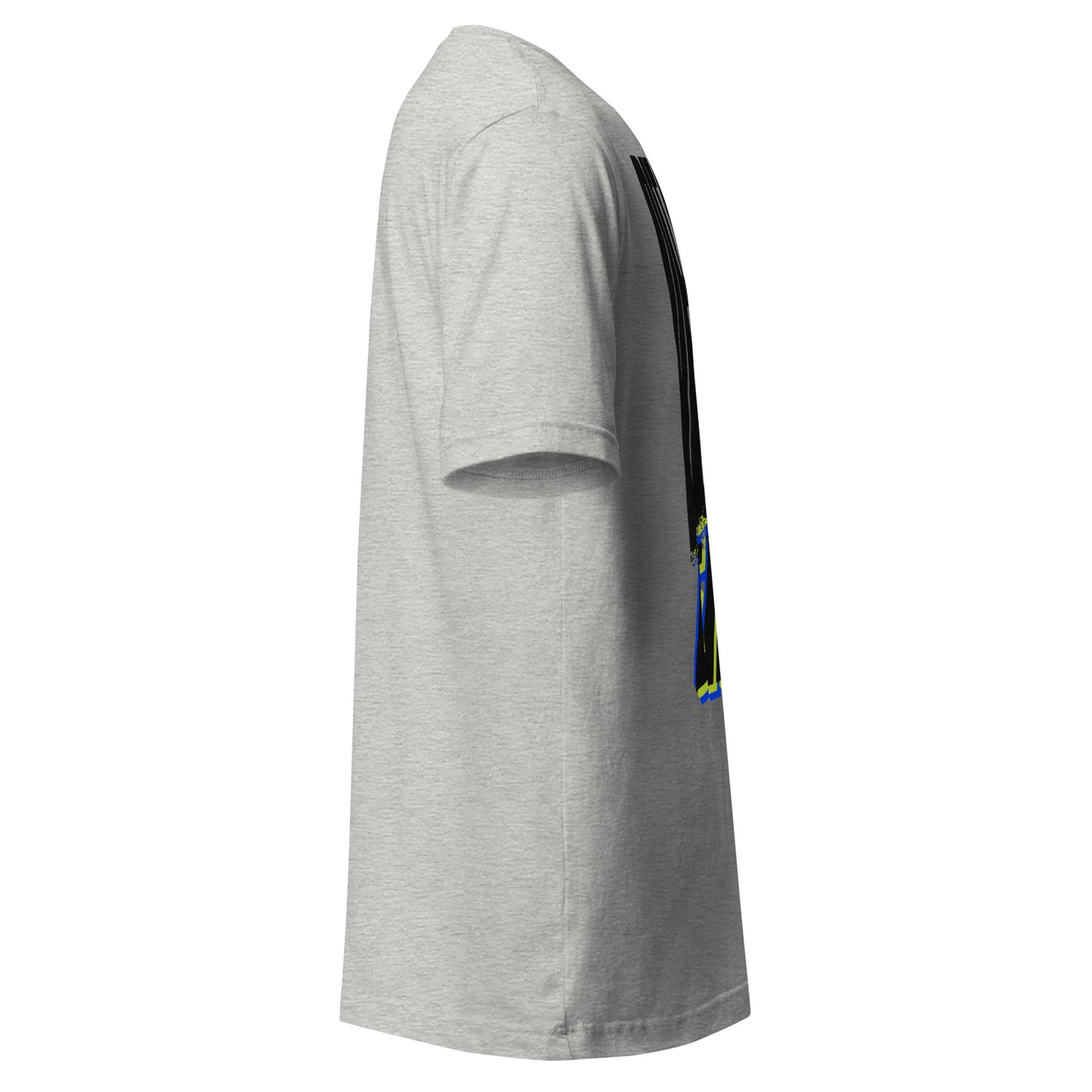 Default Error graphic tee in athletic heather with DEFAULT in tall black type and ERROR breaking away on a diagonal in lime green and blue