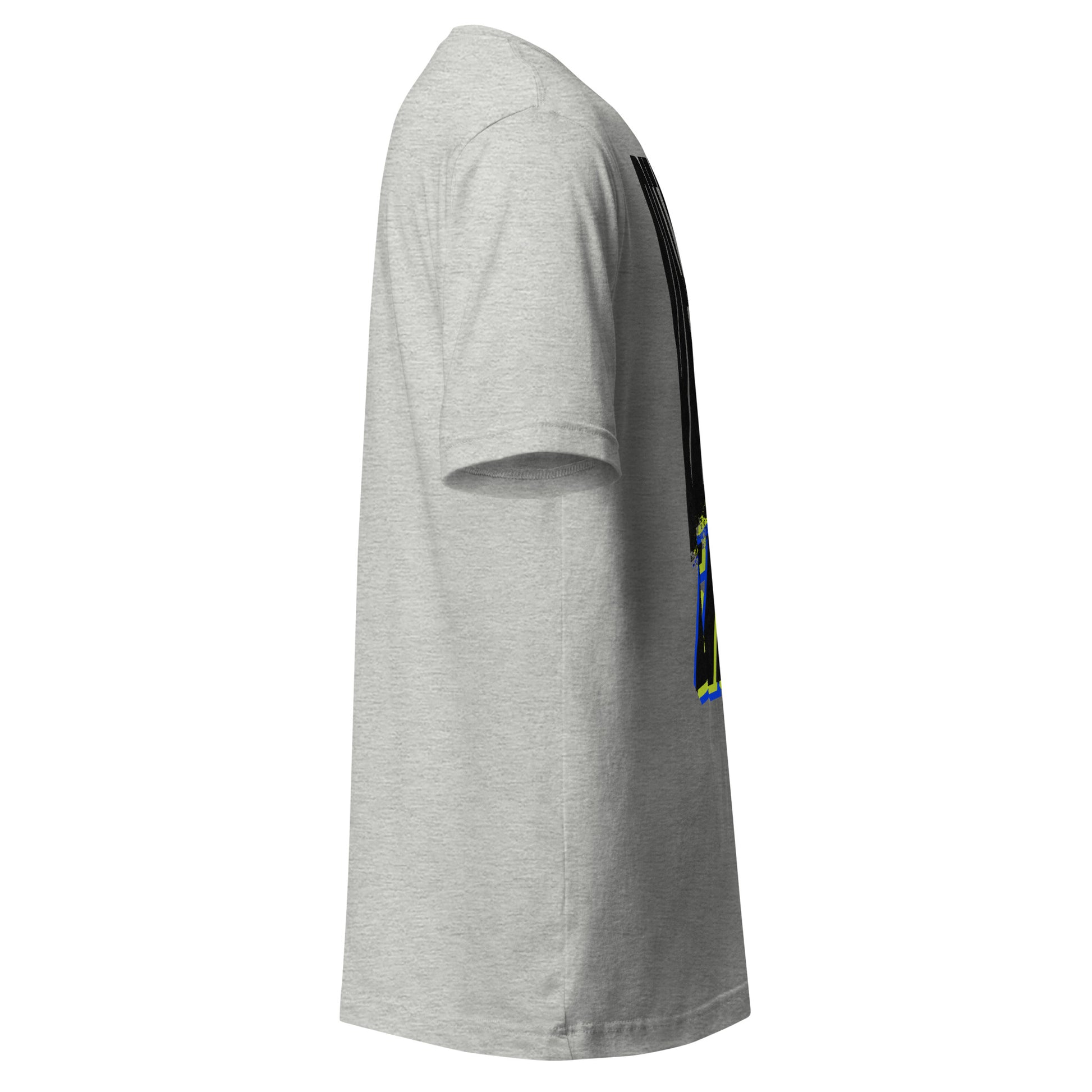 Default Error graphic tee in athletic heather with DEFAULT in tall black type and ERROR breaking away on a diagonal in lime green and blue