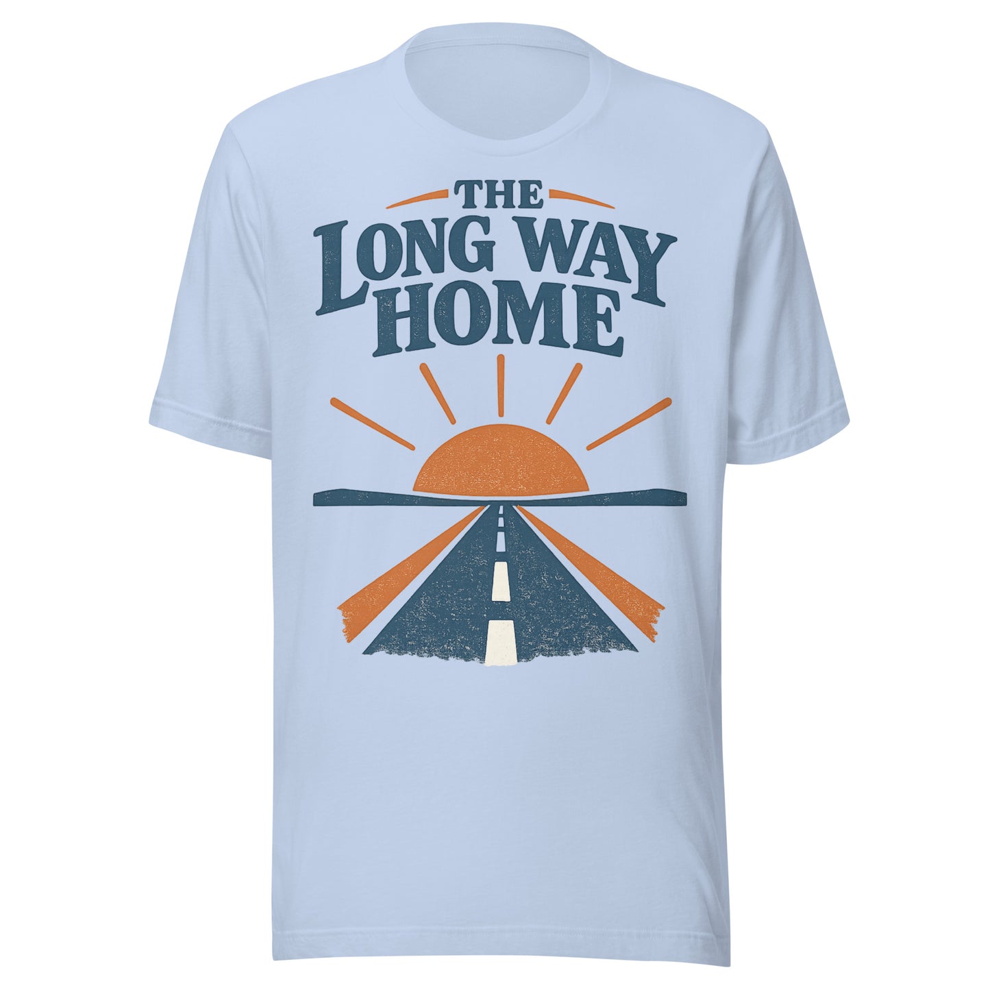The Long Way Home retro open-road graphic tee in baby blue, navy and burnt orange sunrise and highway design from No 925
