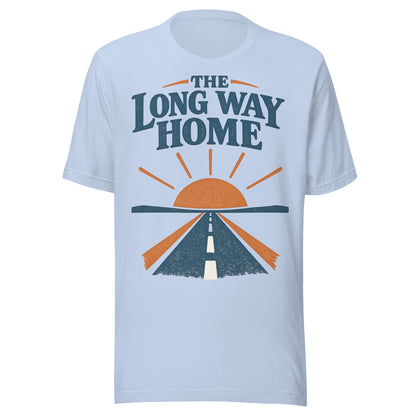The Long Way Home retro open-road graphic tee in baby blue, navy and burnt orange sunrise and highway design from No 925