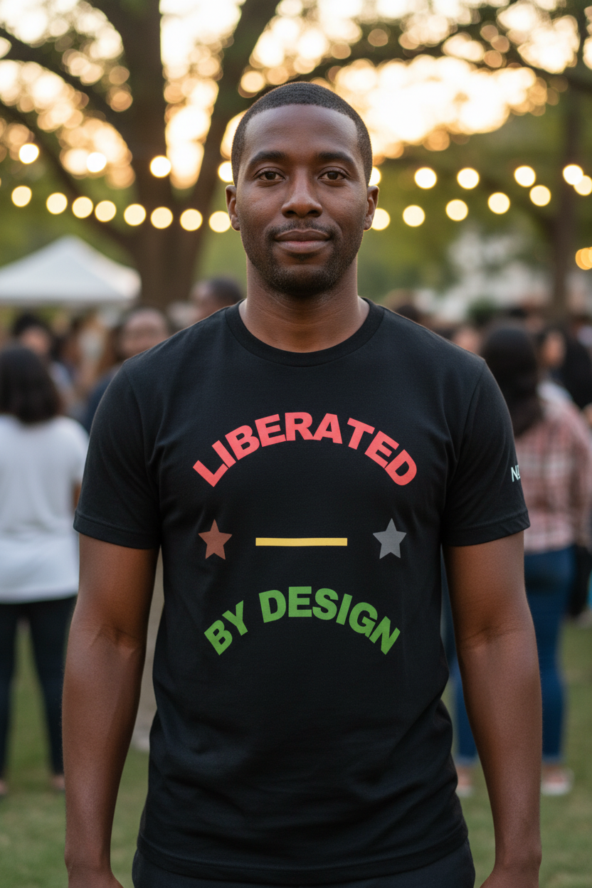 Liberated By Design Graphic Tee in black, front view, alternate view
