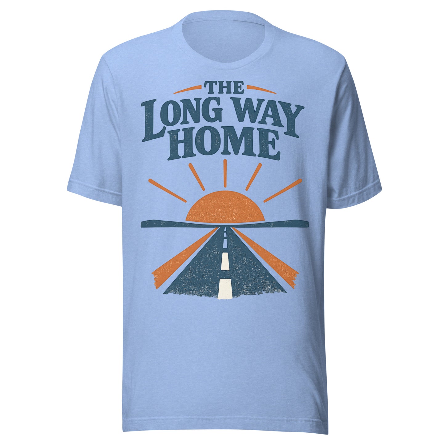 The Long Way Home retro open-road graphic tee in carolina, navy and burnt orange sunrise and highway design from No 925