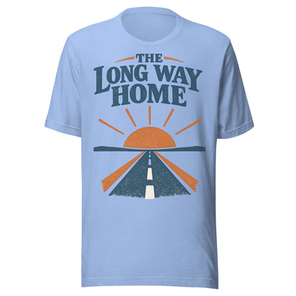 The Long Way Home retro open-road graphic tee in carolina, navy and burnt orange sunrise and highway design from No 925