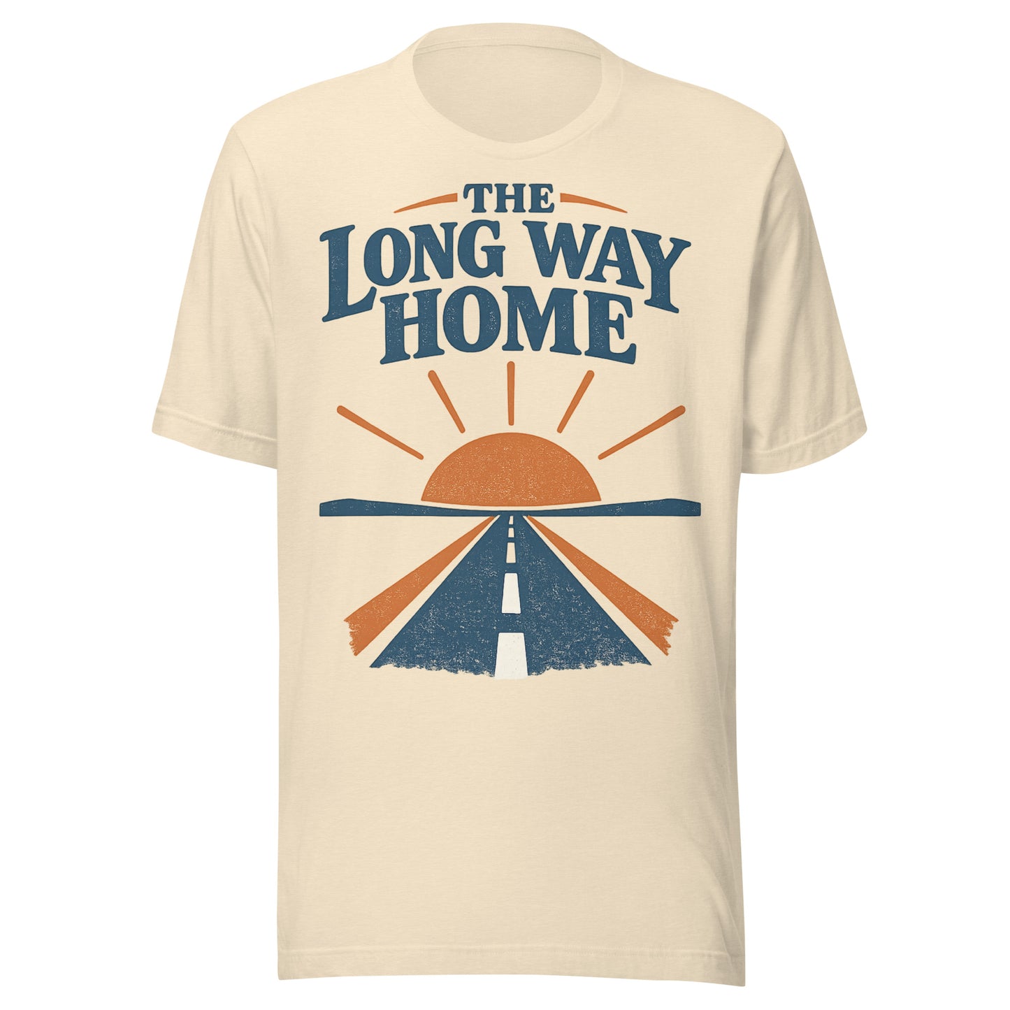 The Long Way Home retro open-road graphic tee in this colorway, navy and burnt orange sunrise and highway design from No 925