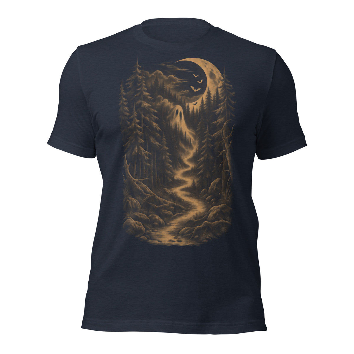 Heather navy hollow trail halloween unisex t-shirt with a ghost figure walking a glowing forest path under a crescent moon