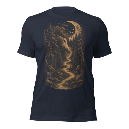 Heather navy hollow trail halloween unisex t-shirt with a ghost figure walking a glowing forest path under a crescent moon