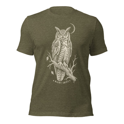 Night shift unisex t-shirt in heather olive with an owl perched under a crescent moon graphic