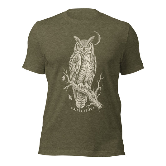 Night shift unisex t-shirt in heather olive with an owl perched under a crescent moon graphic