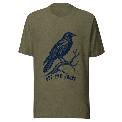 Off the roost unisex t-shirt in heather olive featuring a raven graphic and bold wordmark