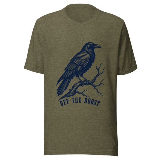 Off the roost unisex t-shirt in heather olive featuring a raven graphic and bold wordmark