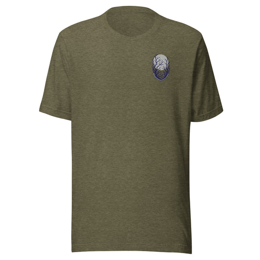 Own the dark unisex t-shirt in heather olive with a small embroidered moon and tree branch patch