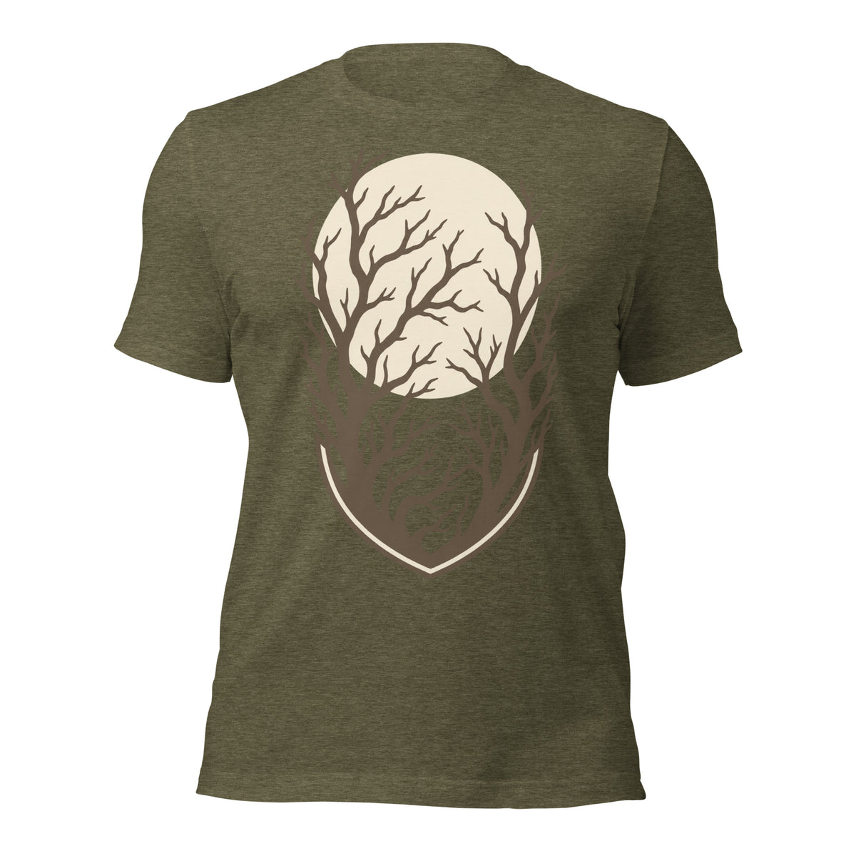 Own the Dark Completely unisex t-shirt in heather olive with a large printed moon and bare branches shield graphic on the chest