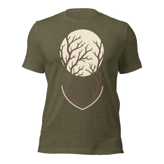 Own the Dark Completely unisex t-shirt in heather olive with a large printed moon and bare branches shield graphic on the chest