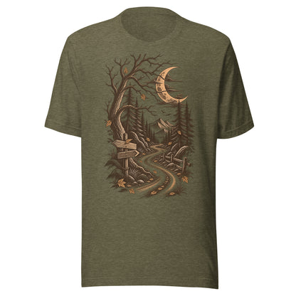 Heather olive long way home graphic tee showing a winding dirt path, crescent moon, and mountain scene