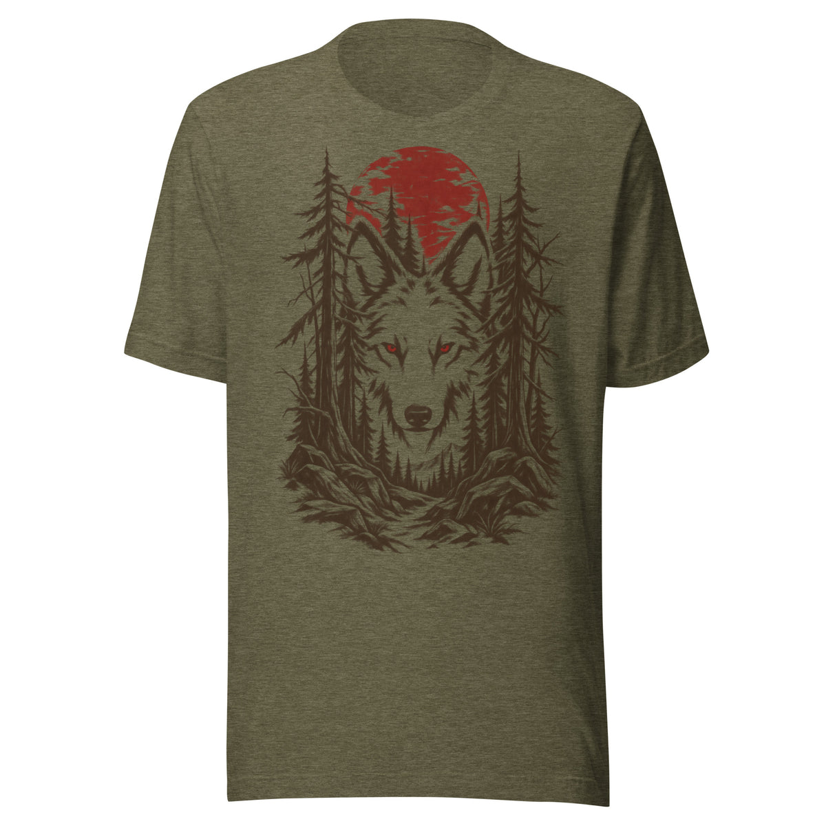 The Watcher t-shirt in heather olive colorway with the same wolf and pine forest graphic under a blood red moon