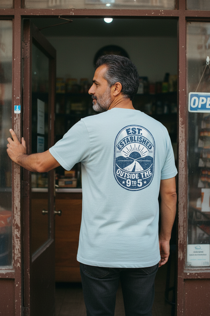 Established Outside the 9 to 5 Graphic Tee in heather prism ice blue, back view, alternate view