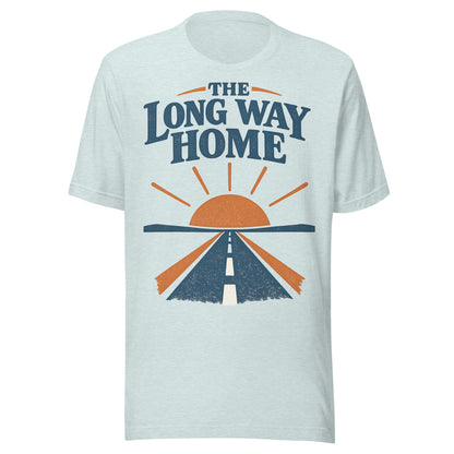 The Long Way Home retro open-road graphic tee in this colorway, navy and burnt orange sunrise and highway design from No 925