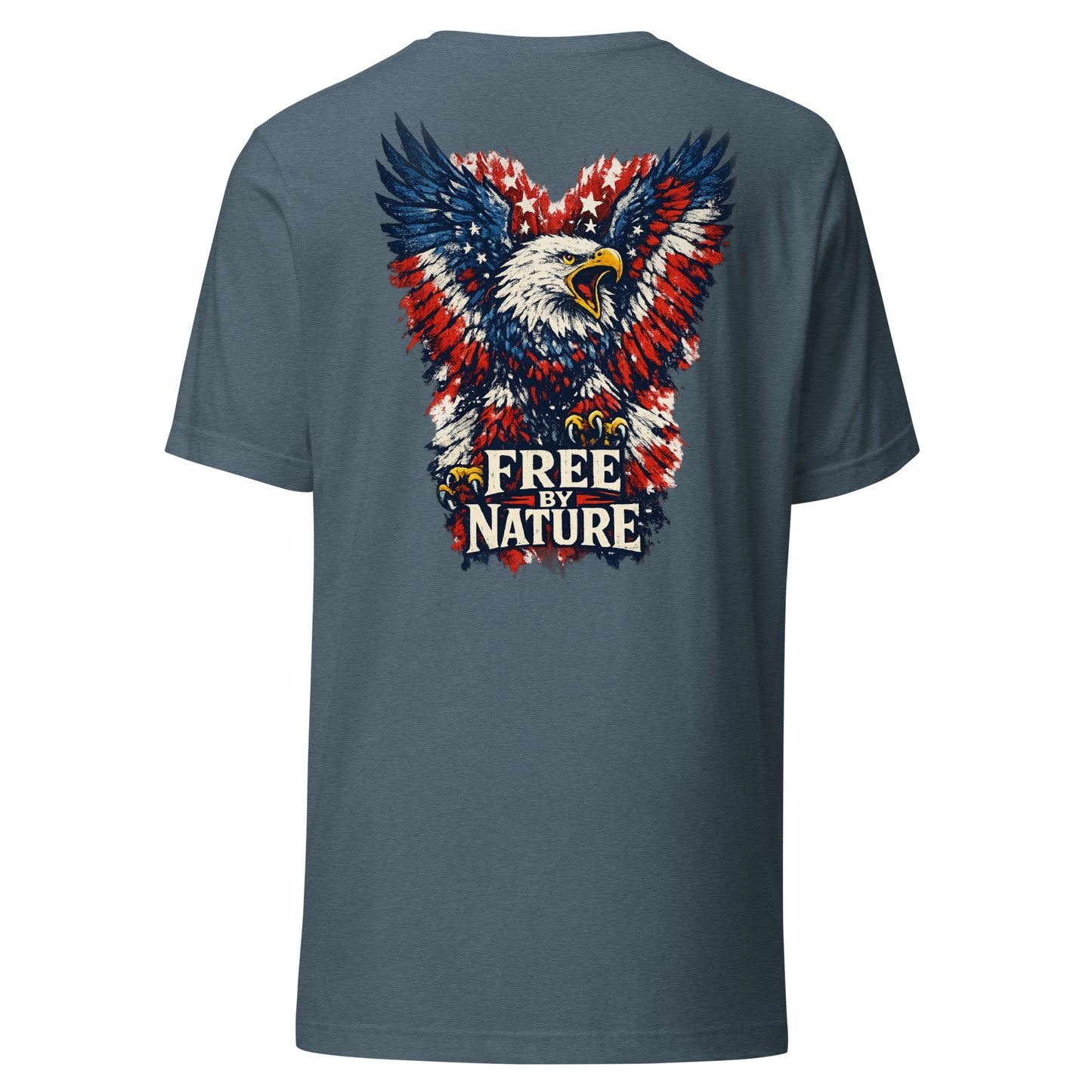 Free By Nature back print tee, a red, white, and blue American bald eagle with wings spread and stars in the feathers over a distressed FREE BY NATURE banner, printed large across the back, No 925 made to order 4th of July tee
