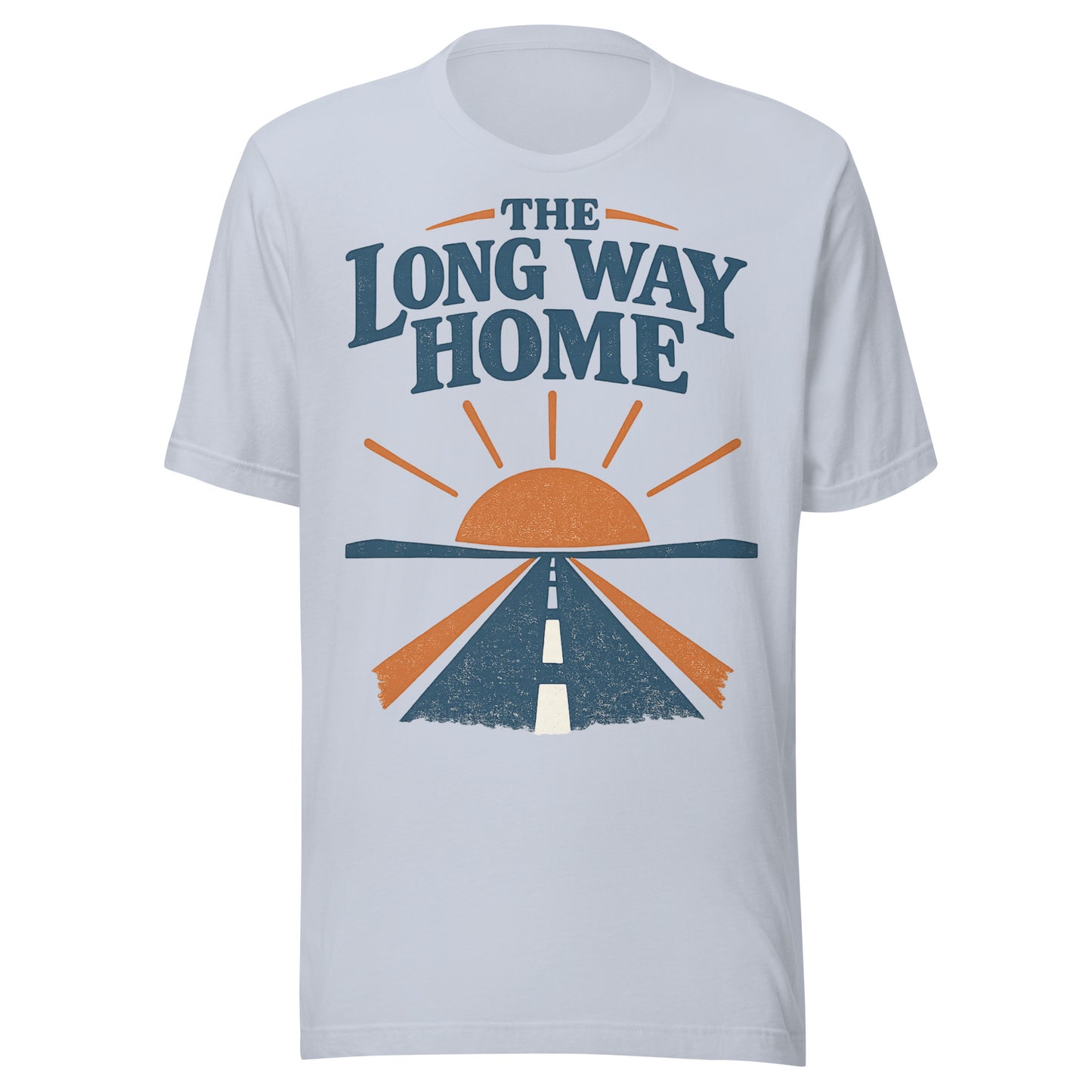 The Long Way Home retro open-road graphic tee in light blue, navy and burnt orange sunrise and highway design from No 925