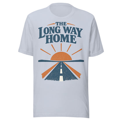 The Long Way Home retro open-road graphic tee in light blue, navy and burnt orange sunrise and highway design from No 925