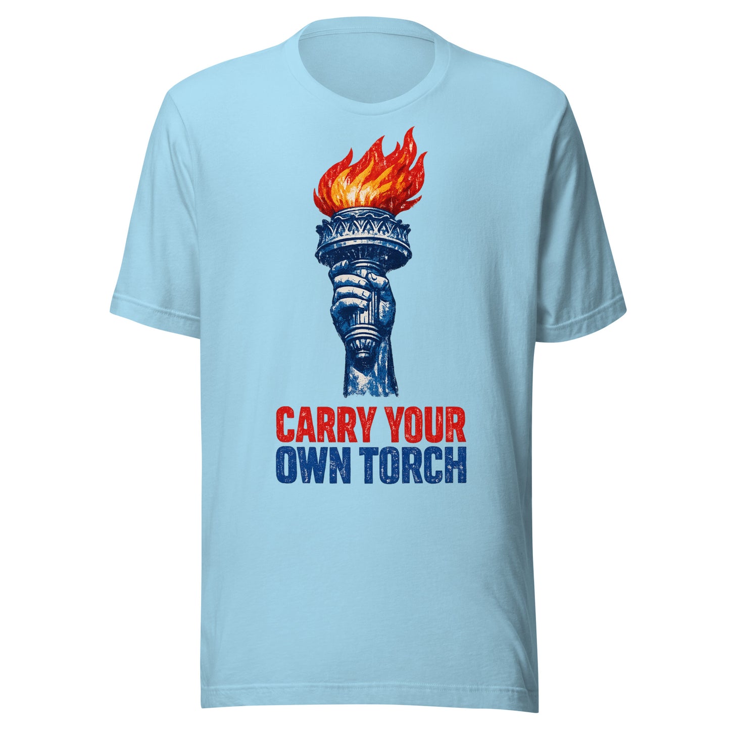Carry Your Own Torch patriotic graphic tee in ocean, Statue of Liberty torch with red flame and navy slogan from No 925