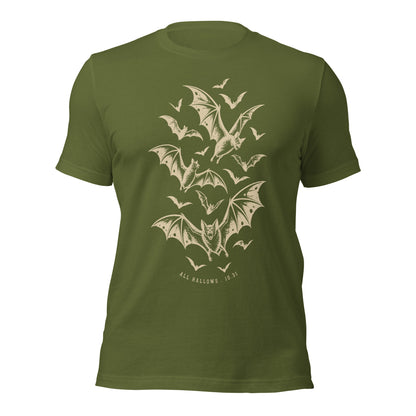 All hallows 10.31 unisex t-shirt in olive featuring a swarm of bats taking flight across the chest