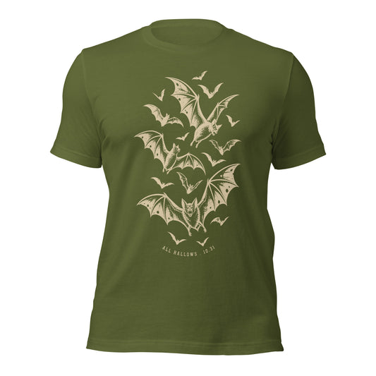 All hallows 10.31 unisex t-shirt in olive featuring a swarm of bats taking flight across the chest