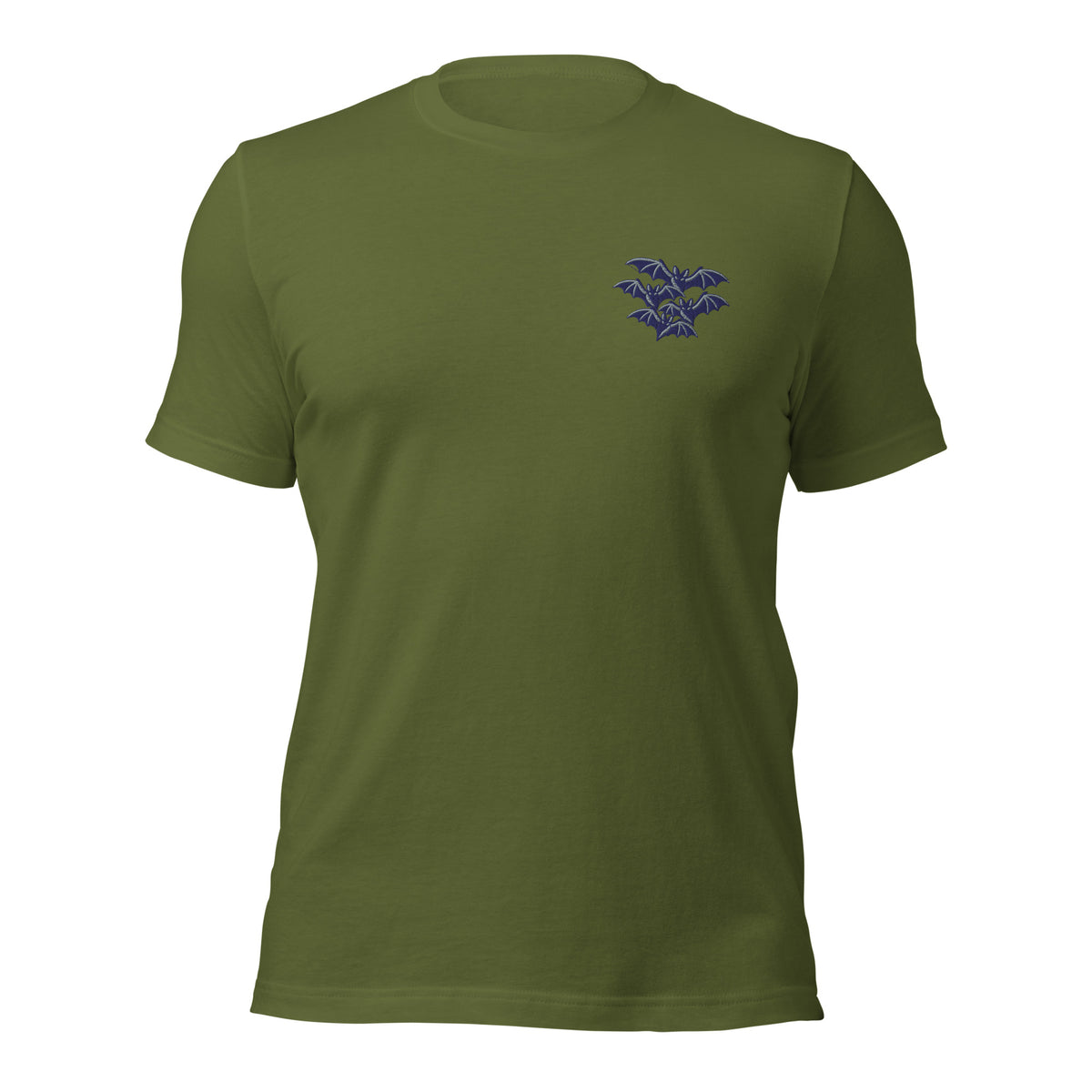 Cluster of Bats unisex t-shirt in olive with an embroidered cluster of four bats on the left chest