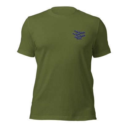 Cluster of Bats unisex t-shirt in olive with an embroidered cluster of four bats on the left chest