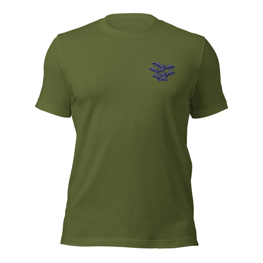 Cluster of Bats unisex t-shirt in olive with an embroidered cluster of four bats on the left chest