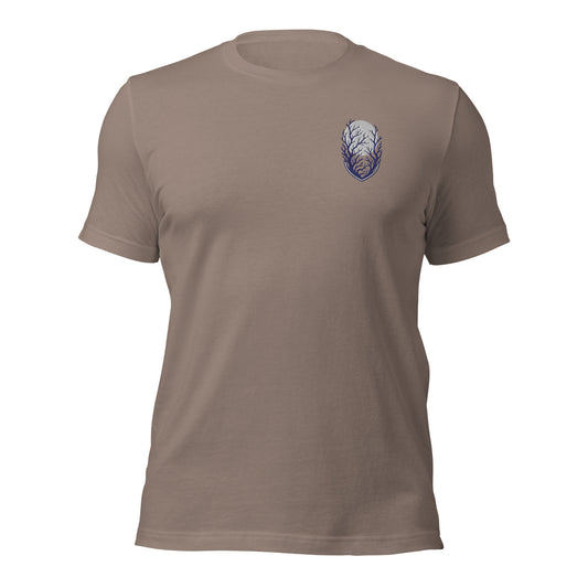 Own the dark unisex t-shirt in pebble with embroidered moon and bare tree branches on the left chest