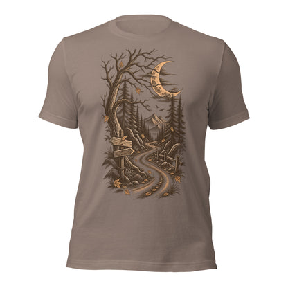 Pebble colorway the long way home unisex t-shirt with an autumn forest trail and signpost graphic on the chest