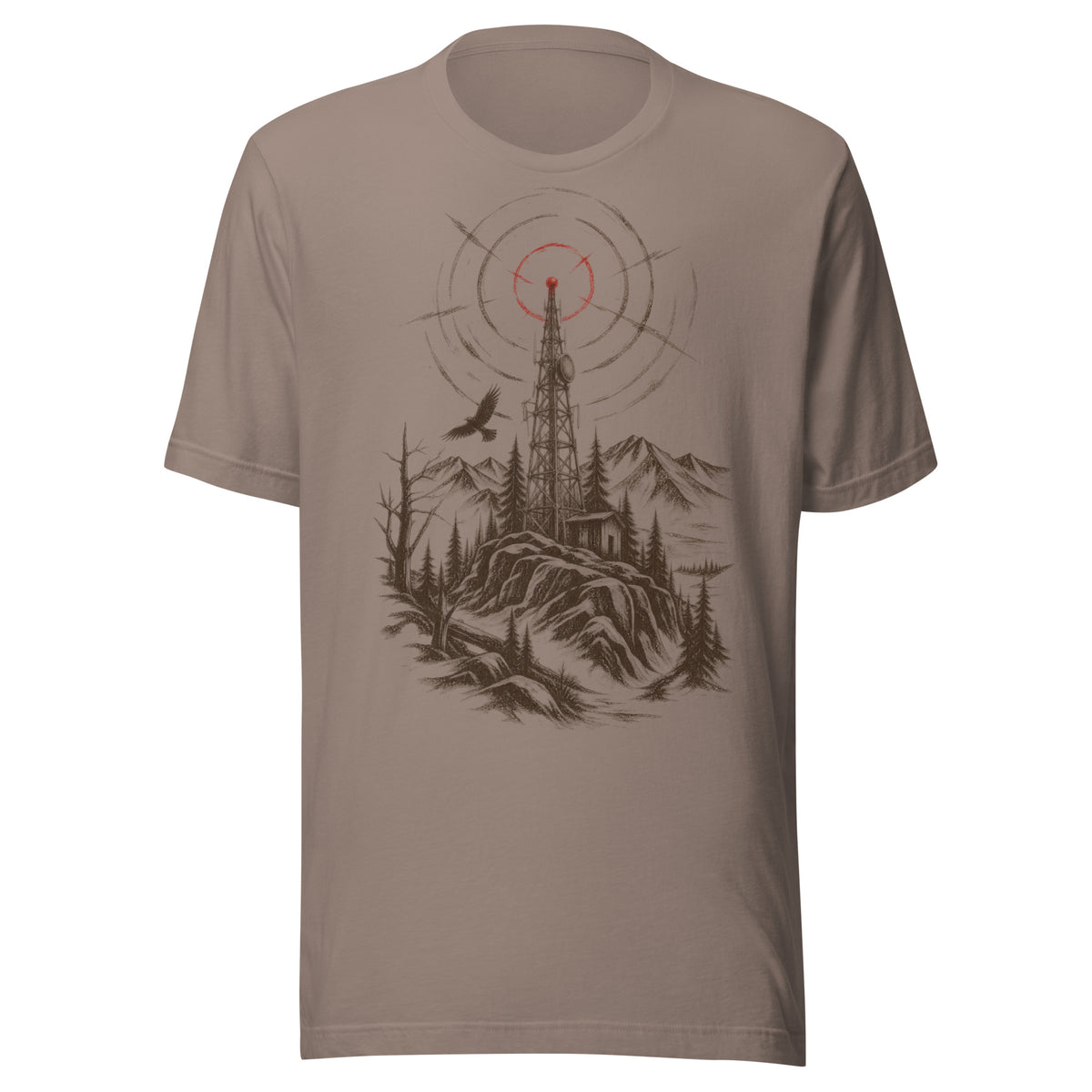 Pebble colorway dead signal graphic tee showing an off grid communications tower illustration with red signal rings